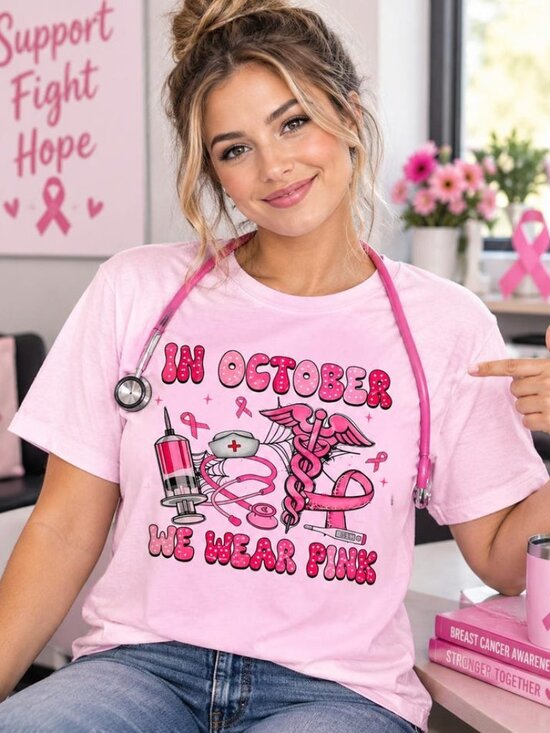 Tops - In October We Wear Pink Shirt, Breast Cancer Awareness T-Shirt